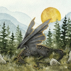 Dragon Art Print - Mountain Meadow Myth - fantasy art. whimsical art. fantastical. illustration