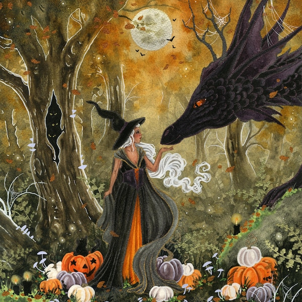 Witch Art Watercolor Print - Hello Witch - dragon art. fantasy art. whimsical art.