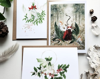 Whimsical Dragon Holiday Note Cards - Watercolor Fantasy Art, Set of 6