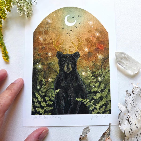 Bear Art Print - Black Bear Whimsy - fantasiekunst. grillige kunst.