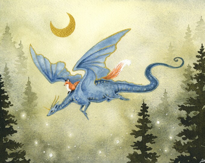Dragon Art Watercolor Print A Furry Rider Fantasy Art. - Etsy