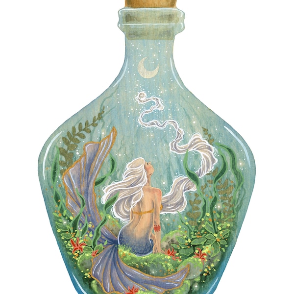 Mermaid Art Print - Mermaid in a Bottle - fantasy art. whimsical art. illustration