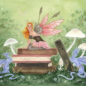 Fairy Art Watercolor Print -  Keepers of the Books - fantasy art. dragon art. whimsical. illustration.