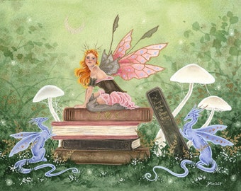 Fairy Art Watercolor Print -  Keepers of the Books - fantasy art. dragon art. whimsical. illustration.