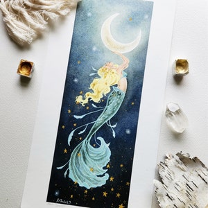 Mermaid Art Watercolor Print - Moon Bearer - fantasy art. whimsical. illustration.