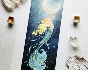 Mermaid Art Watercolor Print - Moon Bearer - fantasy art. whimsical. illustration.