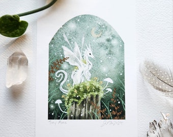 Dragon Art Print - 4x6 - Tiny Moss - fantasy art. whimsical art.