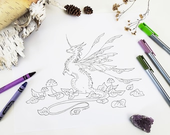 Dibujo para colorear descargable de arte de dragones - arte fantástico. fantástico. dibujo. bosque. salvaje. mágico. arte lineal. lindo.