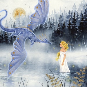 Fantasy Art Print Greeting the Lady of the Lake dragon art. watercolor art. whimsical art. illustration. image 1