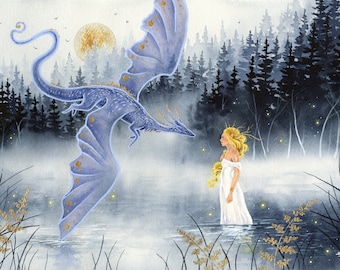 Fantasy Art Print - Greeting the Lady of the Lake - dragon art. watercolor art. whimsical art. illustration.
