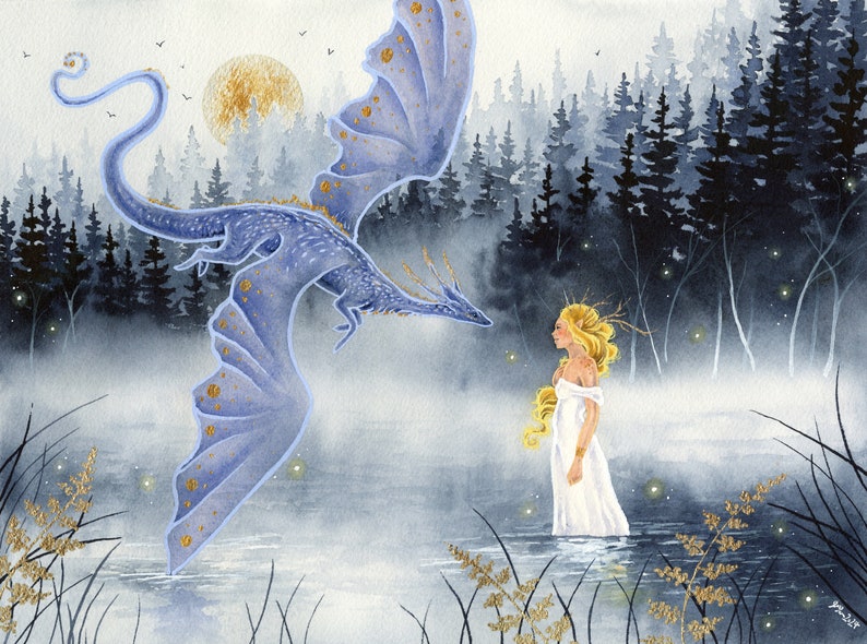 Fantasy Art Print Greeting the Lady of the Lake dragon art. watercolor art. whimsical art. illustration. image 1