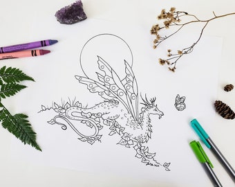 Página para colorear descargable de arte de dragones - arte fantástico. mágico. luna. dragón hada. bosque. salvaje. naturaleza. dibujo lineal.