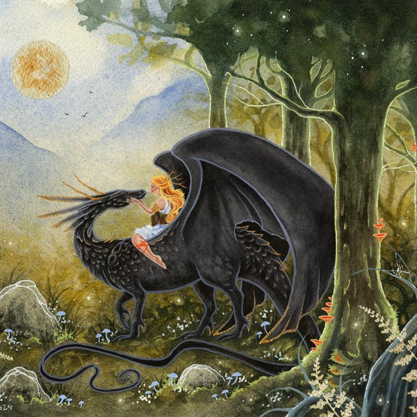 Dragon Art Print - Whimsical Watercolor Illustration, Fantasy Art
