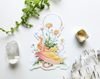 Dragon Art Sticker - Ranunculus Dragon - fantasy art. whimsical. flower art.