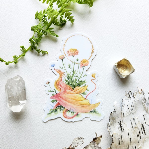 Dragon Art Sticker - Ranunculus Dragon - fantasy art. whimsical. flower art.