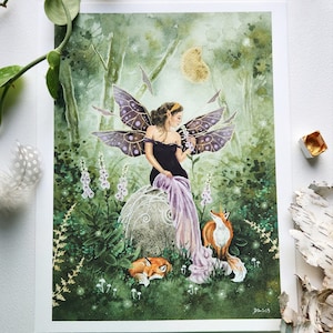 Fairy Art Watercolor Print A Fairy's Foxglove fantasy art. fox art. whimsical art. image 2