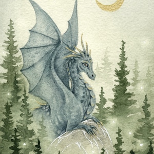 Dragon Art Watercolor Print - His Forest - fantasy art. pines. wild. magical. mythological. fantastical.
