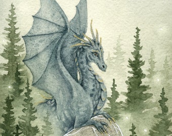 Dragon Art Watercolor Print - His Forest - fantasy art. pines. wild. magical. mythological. fantastical.