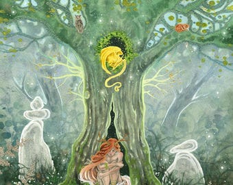 Gravura artística encantadora - Repouso primaveril - arte fantástica. Mágica. Floresta.