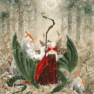 Fairy Art Watercolor Print - Lady Solstice - fantasy art. fox art. illustration.