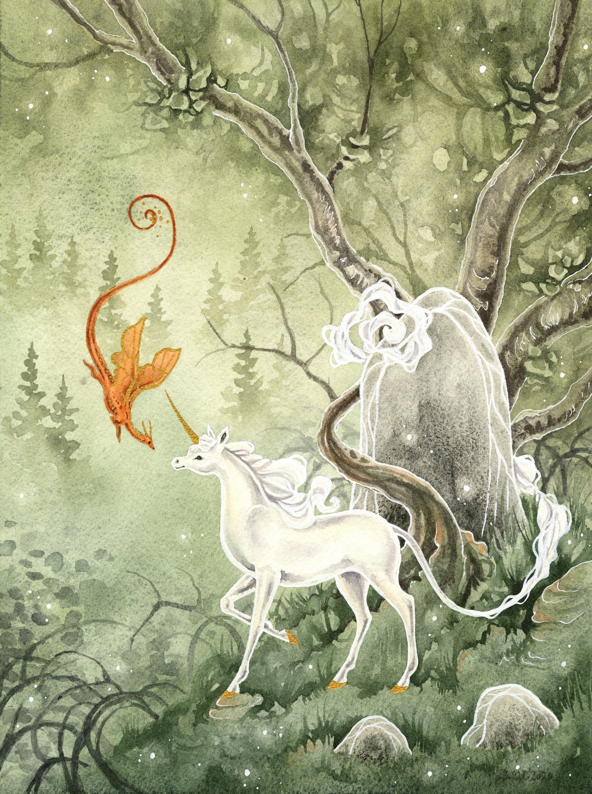 Unicorn Art Watercolor Print - Autumn Approaches - fantasy art. dragon. fantastical. mythological. fairy tale. illustration.