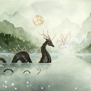 Dragon Art Watercolor Print - Of Lakes and Legends - fantasy art. mythological. illustration. fantastical.