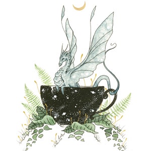 Dragon Art Print - Teacup Dragon - fantasy art. kitchen art. whimsical. woodland. wild. nature.