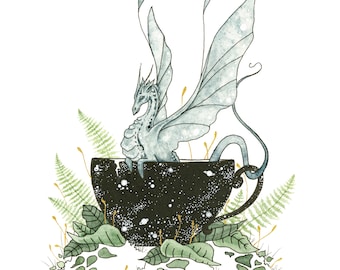 Dragon Art Print - Teacup Dragon - fantasy art. kitchen art. whimsical. woodland. wild. nature.