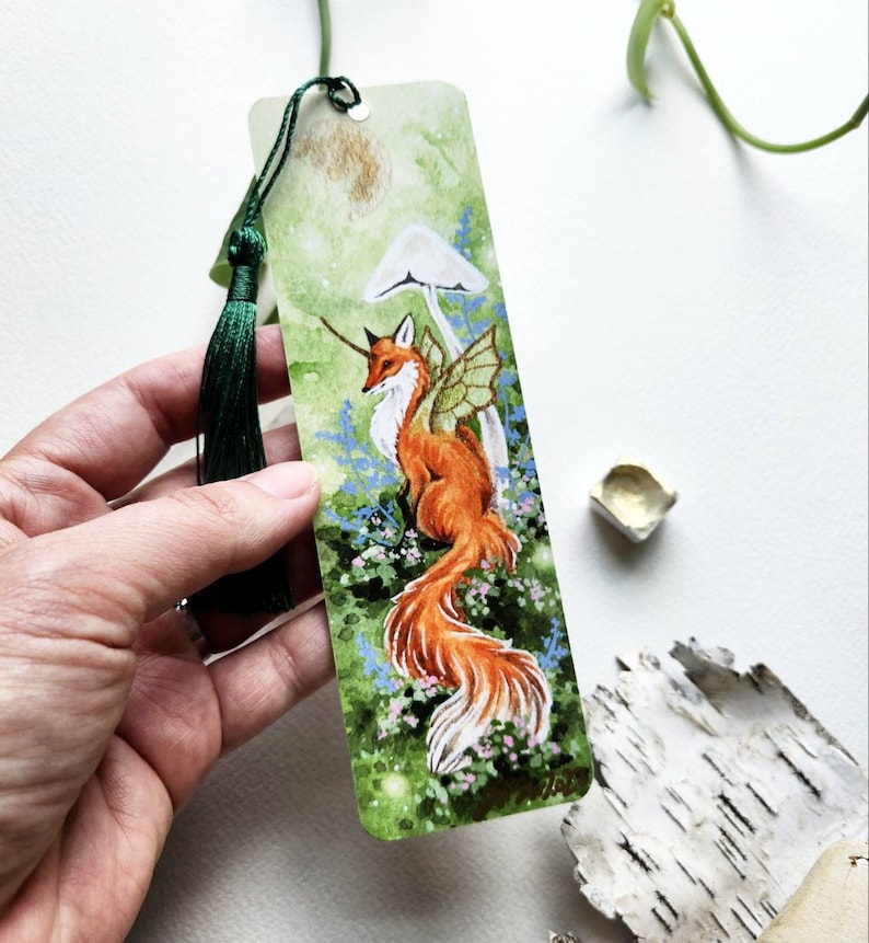 Fox Bookmark fantasy art. fairy fox. mushroom art. woodland art. image 2