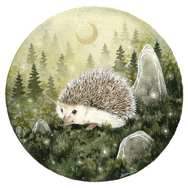 Hedgehog Art Watercolor Print - The Little Hedgicorn - fantasyart. woodland. forest. wild. fairy tale. whimsical. illustration.