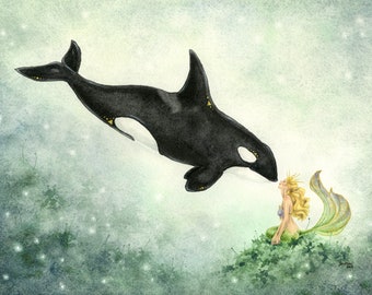Mermaid Art Print - Orca Kisses - fantasy art. whale. magical. watercolor art. illustration.