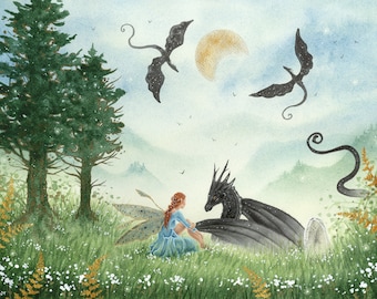 May include: A watercolor painting of a fairy with a blue dress and wings sitting in a field with a black dragon. The dragon has a long tail that curls up in the air. There are three black dragons flying in the sky above the field. The sky is a light blue with a crescent moon.