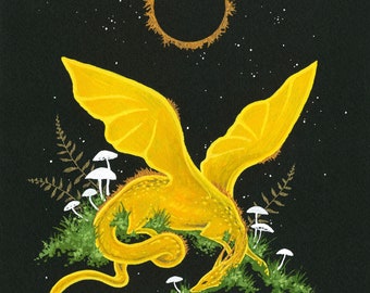 Fantasy Art Watercolor Print - Solar Eclipse Dragon - fantasy art. whimsical art. magical art.