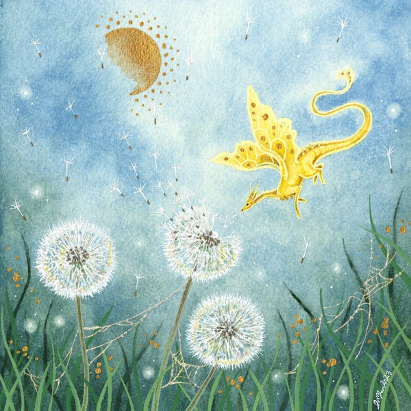 Dragon Art Watercolor Print - He Who Spreads the Dandelion Seeds - whimsical art. fantasy ar. illustration.