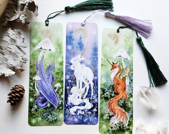 Whimsical Bookmarks - Set of Three - fox art. unicorn art. dragon art.