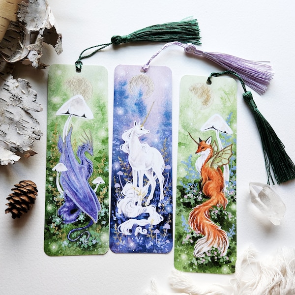 Whimsical Bookmarks - Set of Three - fox art. unicorn art. dragon art.