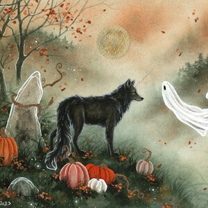 May include: A black wolf with a unicorn horn stands in a forest setting with a white ghost. The scene is painted in watercolor with a soft, dreamy feel. There are pumpkins and fall leaves scattered around the wolf and ghost.