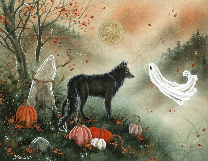 May include: A black wolf with a unicorn horn stands in a forest setting with a white ghost. The scene is painted in watercolor with a soft, dreamy feel. There are pumpkins and fall leaves scattered around the wolf and ghost.