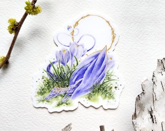 Dragon Art Sticker - Crocus Dragon - fantasy art. whimsical. flower art.