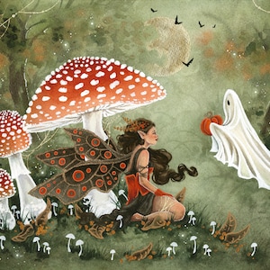 Fairy Art Watercolor Print -  Ghosty Meets a Fairy - fantasy art. whimsical art.