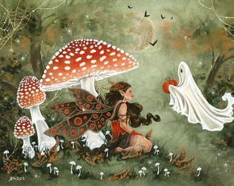 Stampa ad acquerello di Fairy Art - Ghosty incontra una fata - arte fantasy. arte stravagante.