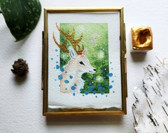 Deer Art Original Watercolor Painting - Spring Stag - fantasy art. whimsical. miniature painting.