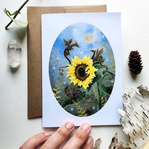 Carte de correspondance dragon - tournesol fantaisie - vierge - A6 - art fantastique. aquarelle.