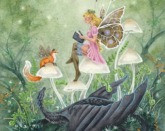 May include: A fairy with blonde hair and a butterfly wing costume sits on a mushroom reading a book. A fox with butterfly wings sits on a mushroom next to her. A black dragon lies on the ground in the foreground. The background is a green forest with a full moon.