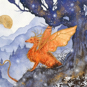 Dragon Art Watercolor Print - Autumn's Treasure - fantasy art. whimsical. illustration.