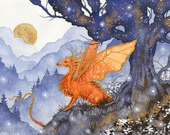 Dragon Art Watercolor Print - Autumn's Treasure - fantasy art. whimsical. illustration.