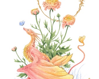 Dragon Art Watercolor Print - Ranunculus Dragon - fantasy art. whimsical. flower art. illustration.