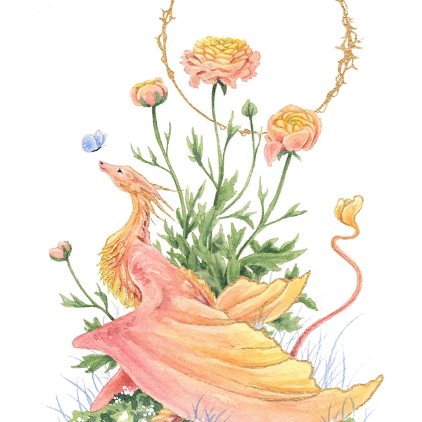 Dragon Art Watercolor Print - Ranunculus Dragon - fantasy art. whimsical. flower art. illustration.
