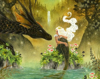 Mermaid and Dragon Art – Whimsical Watercolor Print