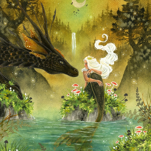 Mermaid and Dragon Art – Whimsical Watercolor Print